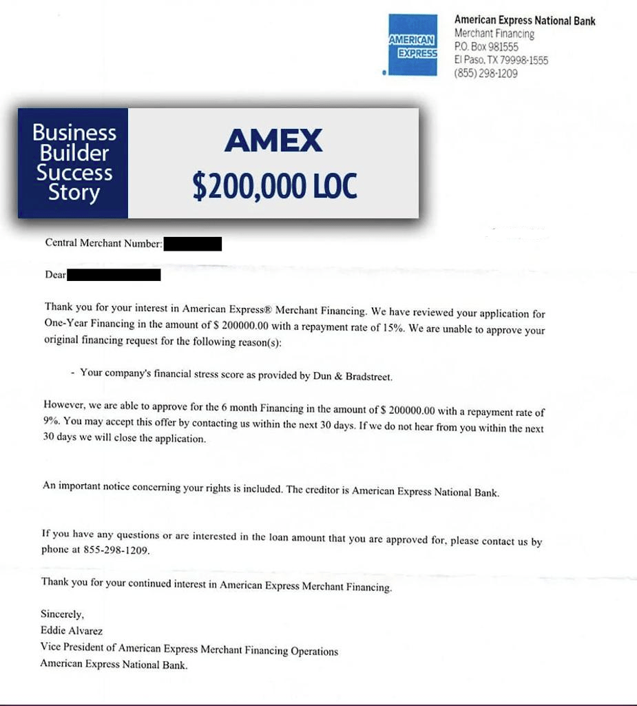 Business credit approval AMEX 200K